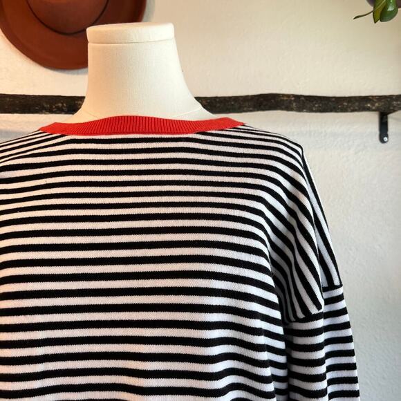 Cotton Black & White Striped Red Trim Oversized Pullover Sweater Size Small - Picture 1 of 10